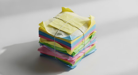 A tall, vibrant stack of assorted colored sticky notes is tightly secured with two rubber bands, casting a distinct shadow.の素材