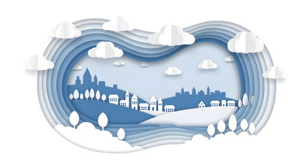 A whimsical paper-cut style illustration depicting a blue and white cityscape with layered clouds and trees, creating a sense of depth.の素材