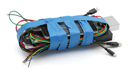 A bundle of colorful electronic wires and circuit boards is haphazardly taped together with bright blue tape, showing exposed connectors.の素材