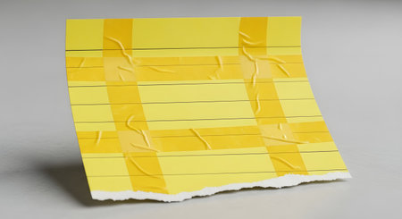 A piece of torn yellow paper with faint vertical stripes and evenly spaced horizontal black dashes.の素材