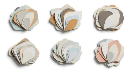 Six abstract, layered sculptural forms in muted earthy tones are arranged in two rows on a clean white background.の素材
