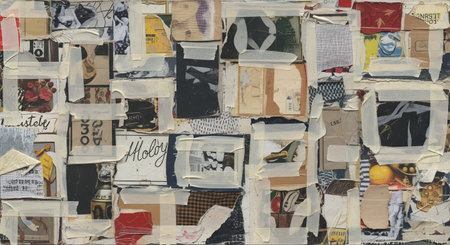 A dense, abstract collage of layered torn paper fragments featuring text, graphic elements, and photographic snippets.の素材