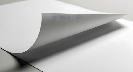 A minimalist, abstract composition focusing on the texture and shadow of a gently curved white paper page.の素材