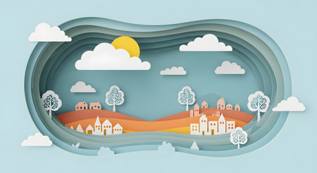 A layered paper cutout depicts a charming village nestled in rolling hills under a sunny sky with fluffy clouds.の素材