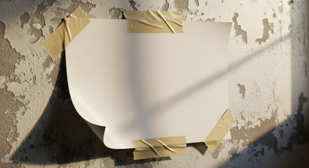 A close-up of old, peeling wallpaper with visible tape and a dramatic shadow cast across its surface.の素材