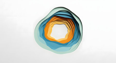 A modern abstract sculpture featuring layered translucent glass in a freeform shape with a gradient of blues to oranges.の素材