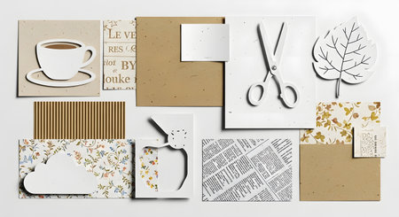 A flat lay arrangement of various paper swatches, including floral patterns, kraft paper, and cutouts of a coffee cup and scissors.の素材