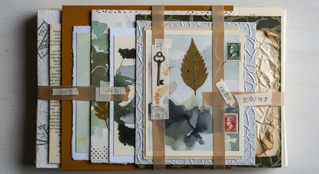 A layered collage of vintage papers, postcards, a pressed leaf, and a small key, held together with tape.の素材
