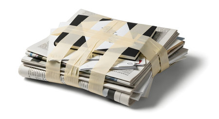 A neatly stacked pile of newspapers bound with light-colored adhesive tape, presented on a white background.の素材