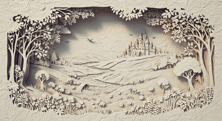 A detailed, layered paper cutout creates a charming diorama of a forest clearing with trees, plants, and a winding path.の素材