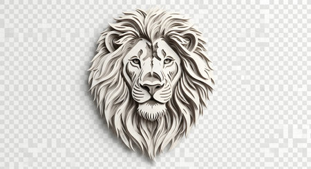 A detailed, white plaster sculpture of a lion's head, showcasing a majestic mane and piercing eyes. Isolated on a transparent background.の素材