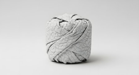 A cylindrical object tightly wrapped in textured, patterned paper sits on a plain white surface, casting a subtle shadow.の素材