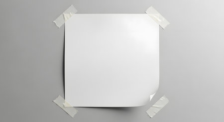 A blank white sheet of paper is affixed to a textured gray wall using transparent tape, casting subtle shadows.の素材