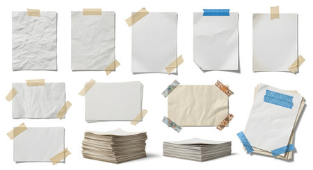 A variety of crumpled, torn, and taped white paper notes and stacks are displayed against a white background.の素材