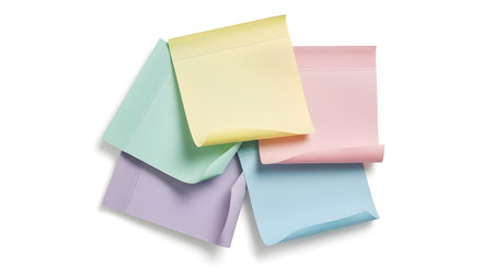 A collection of pastel colored sticky notes are piled on a white surface, creating a soft and organized visual.の素材