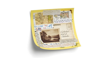 A collection of vintage photographs and handwritten notes are arranged on a yellow, aged paper, creating a nostalgic collage with a sepia-toned image at its center.の素材