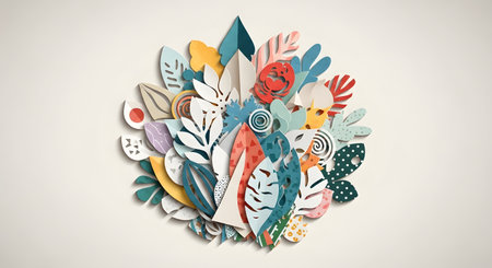 A vibrant, layered arrangement of abstract tropical leaves and feather-like shapes in a variety of colors and patterns.の素材