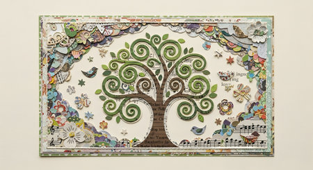 A vibrant, stylized tree with swirling green branches and a brown trunk, surrounded by small birds, floral elements, and musical notation.の素材