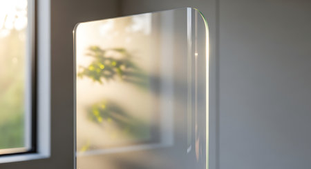 A close-up view of a frosted glass panel with soft sunlight and blurred greenery reflecting on its surface.の素材