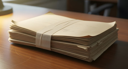 A thick stack of aged, brown paper documents is neatly bound with a piece of twine and rests on a polished wooden surface.の素材