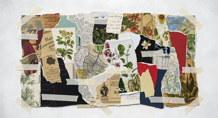 A vibrant, textured collage featuring ripped paper and fabric scraps with floral and botanical imagery arranged in a layered, abstract composition.の素材
