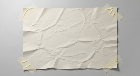 A blank, creased paper poster is taped to a textured gray surface, creating a realistic mockup for design presentations.の素材