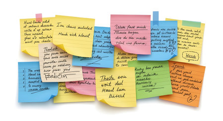 A vibrant collection of scattered sticky notes, each filled with handwritten messages, tasks, and reminders, suggesting organization and planning.の素材