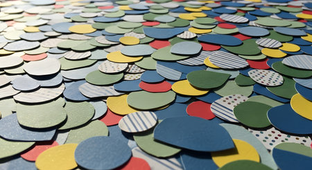 A close-up, overhead view of a large collection of small, scattered circles and irregular shapes in a variety of solid colors and patterned designs.の素材