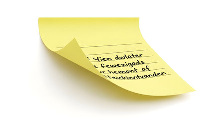A close-up of a yellow sticky note with a handwritten to-do list, showcasing a few items and a folded corner.の素材