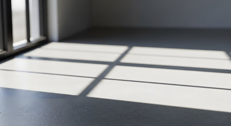 Geometric sunlight rectangles fall across a smooth, light-colored surface, creating a serene and modern atmosphere.の素材