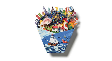 A vibrant, multi-layered paper sculpture depicts a sailboat on choppy seas below a fantastical cityscape filled with colorful buildings and figures.の素材