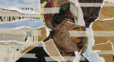 A layered collage artwork featuring a woman's profile, constructed from torn paper fragments and textured elements.の素材