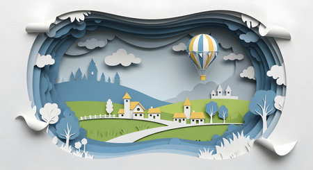 A layered paper craft scene depicts a charming village nestled in rolling hills, with a hot air balloon floating in the sky.の素材
