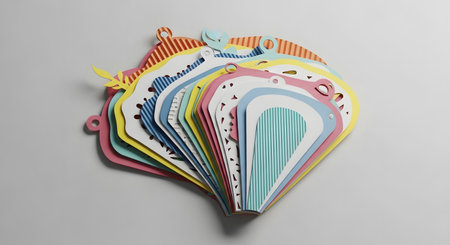 A vibrant collection of baby bibs, fanned out and stacked, showcasing a variety of patterns and colors, resembling a strawberry.の素材