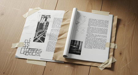 An open book displays handwritten text and rough illustrations. It's taped together and rests on a textured wooden background.の素材