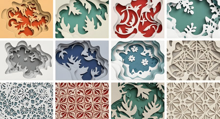 A grid of twelve images showcasing detailed paper cutouts. Designs range from organic shapes to geometric patterns in red, green, blue, and white.の素材