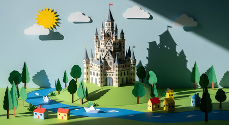 A charming papercraft diorama featuring a grand castle, rolling hills, a winding river, and miniature houses under a sunny sky.の素材