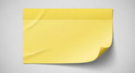 A single, blank yellow sticky note with slightly curled corners, casting a subtle shadow on a plain gray surface.の素材