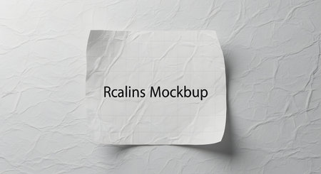 A crumpled piece of white paper with the words 'Realms Mockup' printed on it, set against a textured grey background.の素材