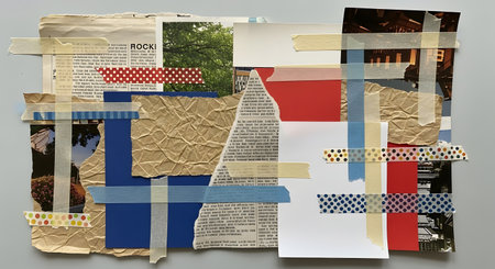 A vibrant abstract collage features layered textured papers, newsprint, and colorful tapes in a dynamic arrangement.の素材