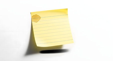 A close-up of a yellow sticky note with lines of handwritten text, casting a shadow on a white background.の素材