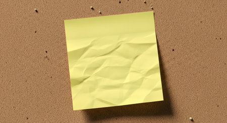 A crumpled yellow sticky note is attached to a textured corkboard with visible thumbtacks, casting a subtle shadow.の素材