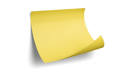 A single, bright yellow sticky note is attached to a white background, with one corner curled upwards.の素材