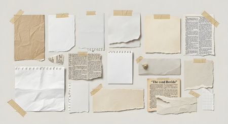 A collection of torn paper scraps, some with vintage text, arranged and taped to a neutral background.の素材