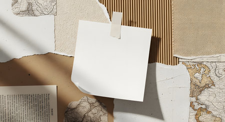 A blank piece of paper is clipped to a textured background made of various papers, with a shadow cast across it.の素材