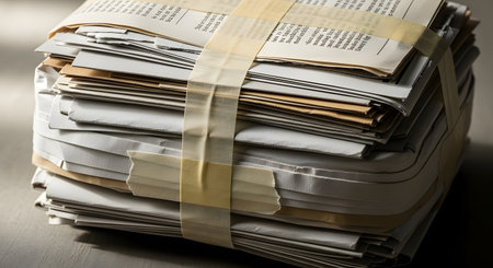 A tightly bound stack of aged newspapers, their edges frayed and pages yellowed, secured with clear tape.の素材