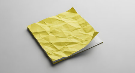 A single, crumpled yellow sticky note is placed on a plain white surface, casting a subtle shadow.の素材