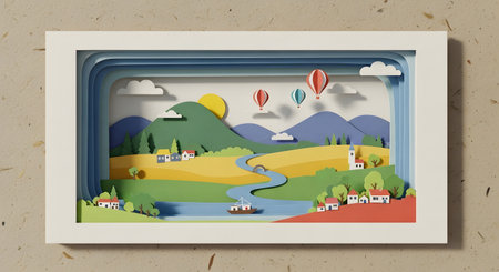 A layered paper diorama depicts a vibrant, stylized landscape with rolling hills, a winding river, small houses, and hot air balloons.の素材