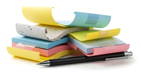 A vibrant pile of pastel-colored sticky notes is topped with a black ballpoint pen, ready for jotting down ideas.の素材
