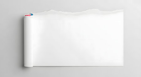 A top-down view of a white paper scroll, partially unrolled, revealing a blank surface against a neutral grey backdrop.の素材